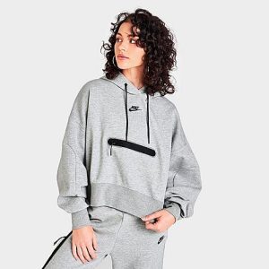 Nike Women&apos;s Sportswear Tech Fleece Over-Oversized Cropped Pullover Hoodie in Grey/Dark Grey Heather Size 2XL Cotton/Polyester/Fleece - 5883801