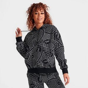 Jordan Women&apos;s Flight Allover Print Hoodie in Black/Black Size XL Cotton/Polyester/Fleece - 5849591
