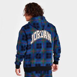 Jordan Men&apos;s Essential Holiday Plaid Hoodie in Blue/Noble Green Size Large Cotton/Polyester/Fleece - 5849769