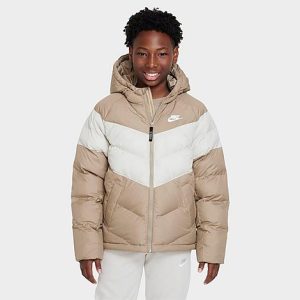 Nike Kids&apos; Synthetic Fill Hooded Puffer Jacket in Brown/White/Khaki Size Large 100% Polyester/Fleece - 5888849