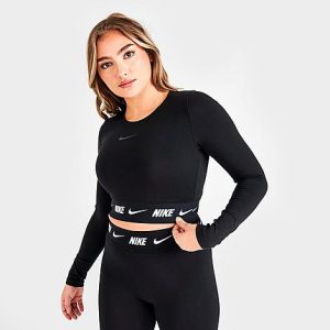 Nike Women&apos;s Tape Long-Sleeve Crop Top in Black/Black Size Large Cotton/Polyester/Spandex - 5847729