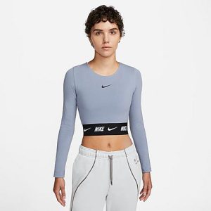 Nike Women&apos;s Tape Long-Sleeve Crop Top in Blue/Ashen Slate Size XL Cotton/Polyester/Spandex - 5848118
