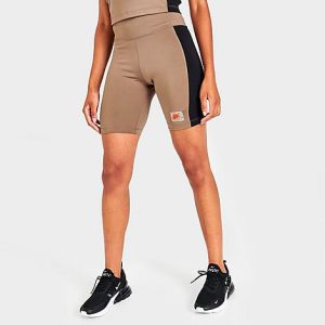 Nike Women&apos;s Sportswear Swoosh Logo High-Waisted Bike Shorts in Beige/Dark Driftwood Size Medium Polyester/Spandex - 5817649