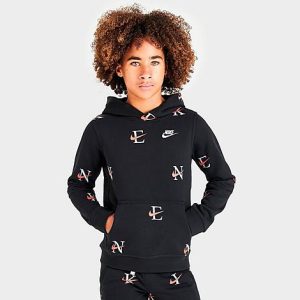 Nike Boys&apos; Sportswear Club Monogram Allover Print Pullover Hoodie in Black/Black Size Small Cotton/Polyester - 5811021