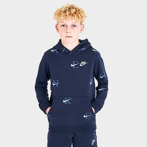 Nike Boys&apos; Sportswear Club Monogram Allover Print Pullover Hoodie in Blue/ Size XL Cotton/Polyester - 5811008