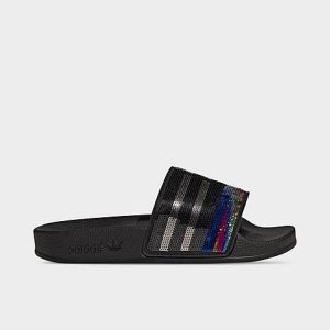 Adidas Girls&apos; Big Kids&apos; Originals Adilette Sequined Slide Sandals in Black/Black Size 5.0 - 3546600