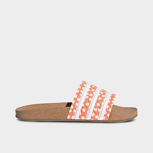 Adidas Women&apos;s Adilette Print Slide Sandals in White/Orange/Beam Orange Size 5.0 - 3546621