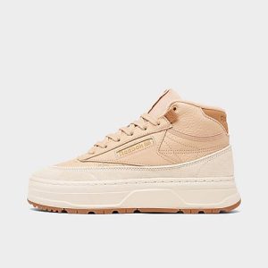 Reebok Women&apos;s Club C Double Geo Platform Mid Casual Shoes in Beige/Weathered Beige F22-R Size 8.0 Leather - 3224890