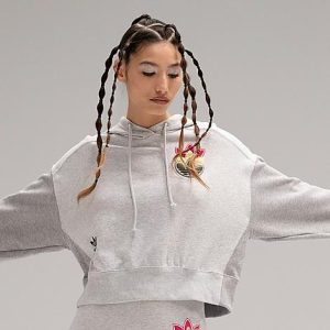 Adidas Women&apos;s Originals Logo Play Cropped Hoodie in Grey/Light Grey Heather Size XL Cotton/Jersey - 5817390