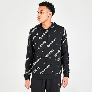 Reebok Men&apos;s Vector Logo All-Over Print Pullover Hoodie in Black/Black Size XL - 5773734