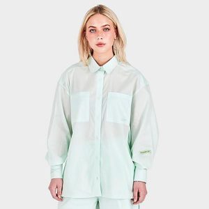 Reebok Women&apos;s Classics Long Sleeve Button-Up Shirt in Green/Opal Glow Size Large 100% Cotton - 5795499