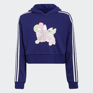 Adidas Girls&apos; Originals Flower Print Crop Hoodie in Blue/Legacy Indigo Size XL Cotton/Polyester/Knit - 5769121