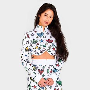 Adidas Women&apos;s Originals x Jeremy Scott Monogram Crop Track Jacket in White/White Size Small Polyester - 5820234