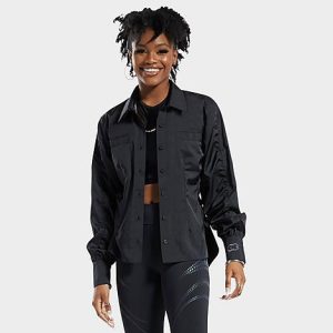 Reebok Women&apos;s Cardi B Button Down Top in Black/Black Size XL 100% Polyester/Twill - 5830012