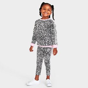 Adidas Girls&apos; Toddler Leopard Crewneck Sweatshirt and Leggings Set in Black/Pink/White/White Size 4 T Fleece - 5818184