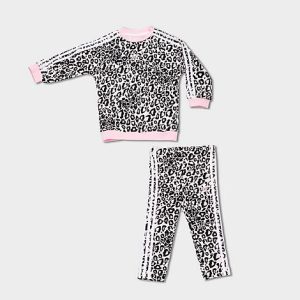 Adidas Girls&apos; Toddler Leopard Crewneck Sweatshirt and Leggings Set in Black/Pink/White/White Size 18 M Fleece - 5818187