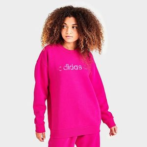 Adidas Women&apos;s Originals Linear Boyfriend Crewneck Sweatshirt in Pink/Real Magenta Size XL Cotton/Polyester/Fleece - 5817419