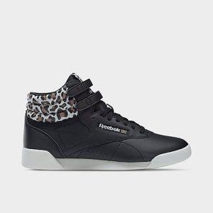 Reebok Girls&apos; Big Kids&apos; Freestyle Hi Leopard Print Casual Shoes in Black/Black Size 6.0 Leather - 3511478