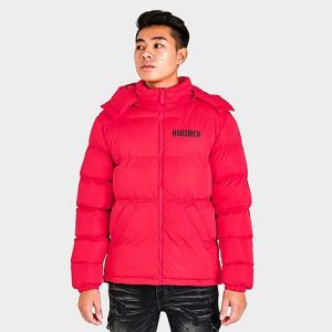 Hoodrich Men&apos;s OG Stack Logo Puffer Jacket in Red/Lychee Red Size 2XL Fiber - 5838592