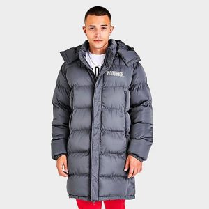 Hoodrich Men&apos;s OG Stack Logo Longline Puffer Jacket in Grey/Grey Size 2XL Fiber - 5838602