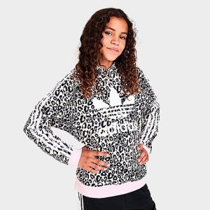 Adidas Girls&apos; Originals Leopard Print Hoodie in Animal Print/Clear Pink AOP Size XL Fleece - 5815029
