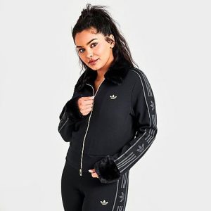 Adidas Women&apos;s Originals Ski Chic Rib Fur Track Jacket in Black/Black Size Medium Polyester/Fur - 5850114