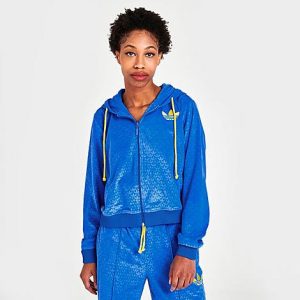 Adidas Women&apos;s Adicolor 70s Velour Full Zip Hoodie in Blue/Bluebird Size XL Cotton/Polyester/Velvet - 5842607