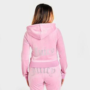 Juicy Couture Women&apos;s OG Big Bling Velour Zip-Up Hoodie in Pink/Rose Size Large Polyester/Velvet/Spandex - 5845939