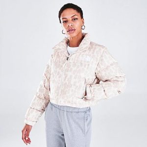 The North Face Inc Women&apos;s Cropped Printed Nuptse Short Jacket in Animal Print/Beige/Off-White/Silver Grey Leopard Print Size XL Nylon - 5726503