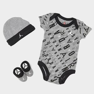 Jordan Boys&apos; Infant HBR Allover Print Bodysuit, Hat and Booties Set (3-Piece) in Grey/Grey Heather Size 0-6 M Knit - 5811406