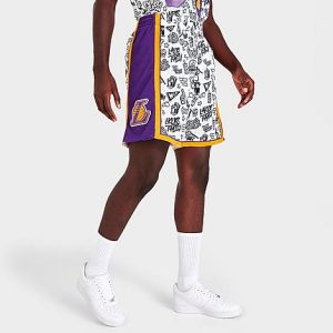 Mitchell And Ness Men&apos;s Los Angeles Lakers NBA Doodle Swingman Shorts in White/Purple/Yellow/White Size 2XL 100% Polyester - 5804339