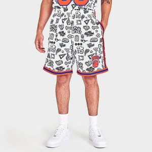 Mitchell And Ness Men&apos;s New York Knicks NBA Doodle Swingman Shorts in Orange/White/White Size XL 100% Polyester - 5804347