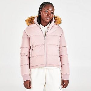 Pink Soda Sport Women&apos;s Rodeo Faux Fur Trim Puffer Jacket in Pink/Mauve Size Large Polyester/Fiber/Fur - 5758430