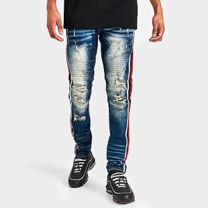 Supply And Demand Men&apos;s Side Stripe Distressed Jeans in Blue/ Size 38 Cotton/Denim - 5779181