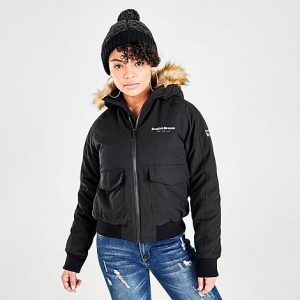 Supply And Demand Women&apos;s Fur Hooded Bomber Jacket in Black/Black Size Small 100% Polyester/Fur - 5756539