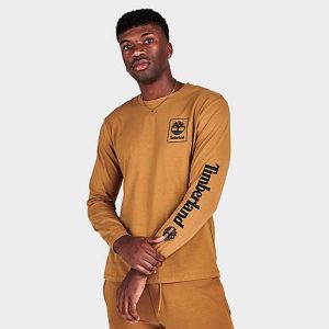 Timberland Men&apos;s Logo Long-Sleeve T-Shirt in Brown/Wheat Size 2XL - 5829872