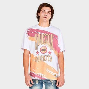 Mitchell And Ness Men&apos;s NBA Paintbrush Houston Rockets Sublimated Graphic T-Shirt in White/Orange/White Size XL Cotton - 5835899