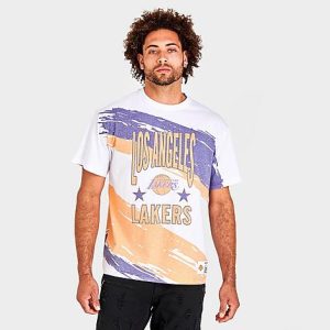 Mitchell And Ness Men&apos;s NBA Paintbrush Los Angeles Lakers Sublimated Graphic T-Shirt in White/White Size 2XL Cotton - 5835885