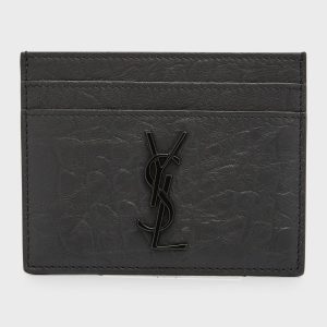 YSL Monogram Croc-Embossed Leather Card Case, Black- sku171830847