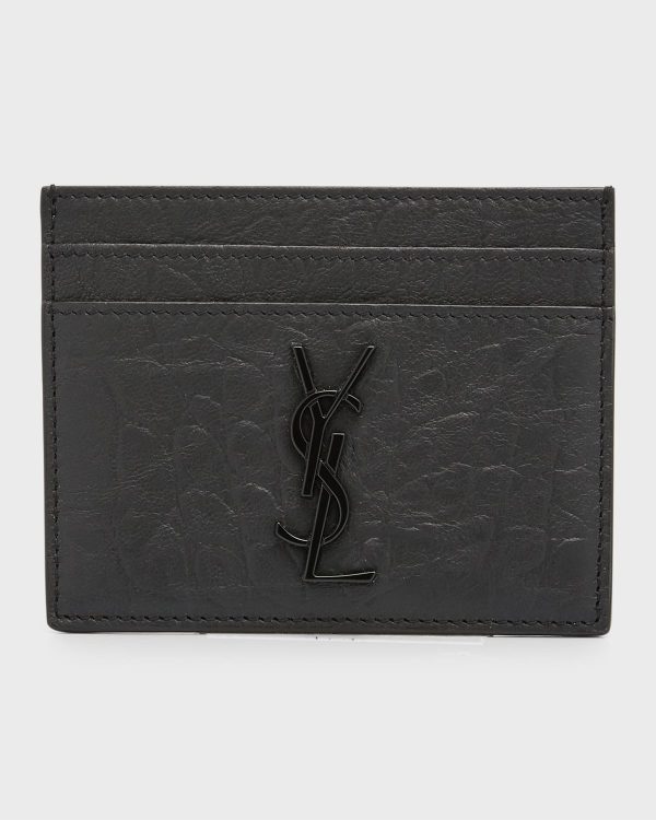 YSL Monogram Croc-Embossed Leather Card Case, Black- sku171830847