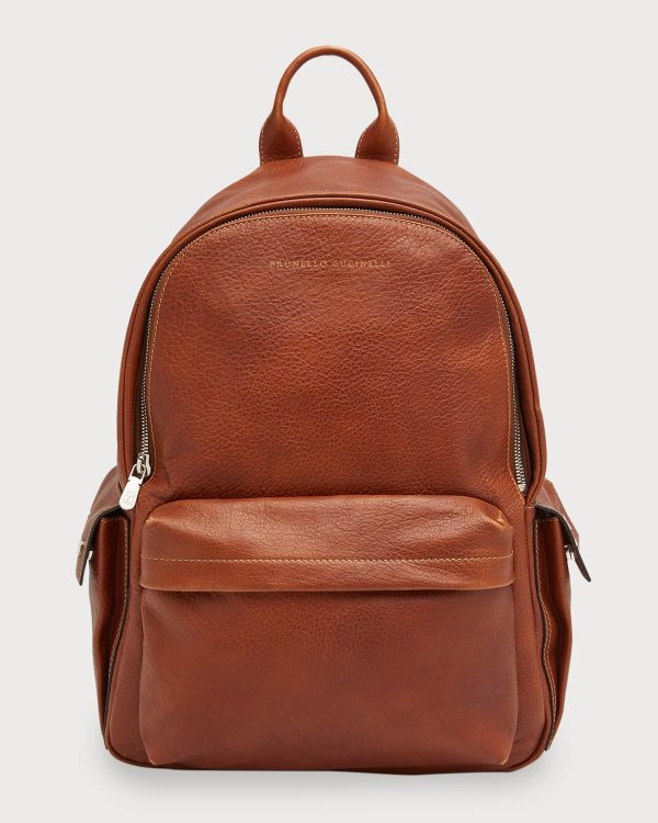 Men's Grained Leather Backpack- sku201480104