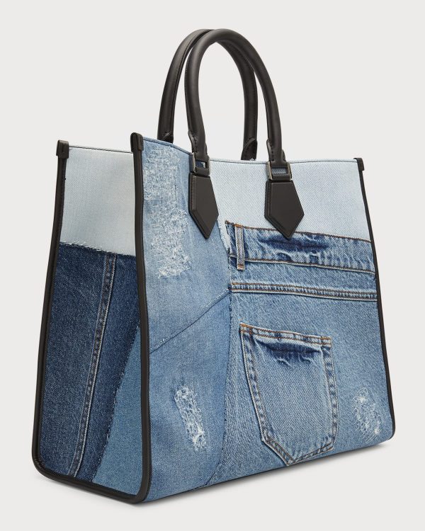 Men's Large Denim Patchwork Shopper Tote Bag- sku214690674