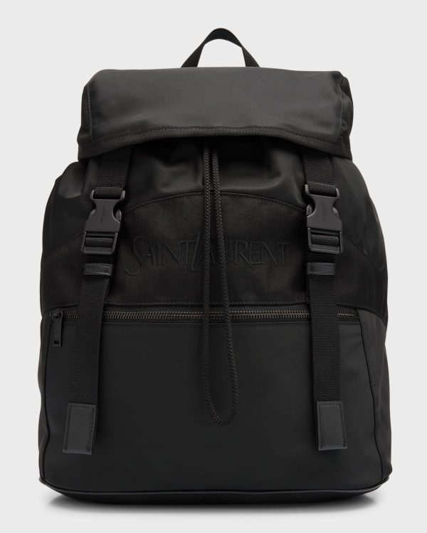 Men's Nylon and Leather Backpack- sku220491421