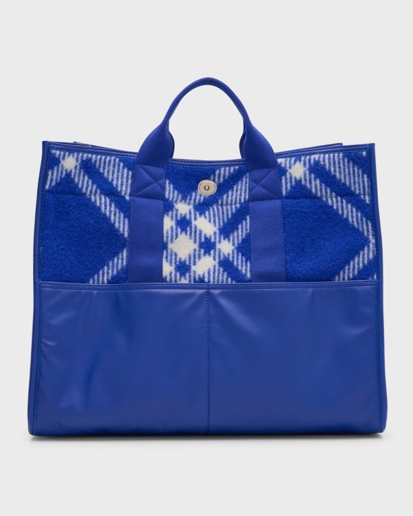Men's Check Wool and Leather Shopper Tote Bag- sku220531370