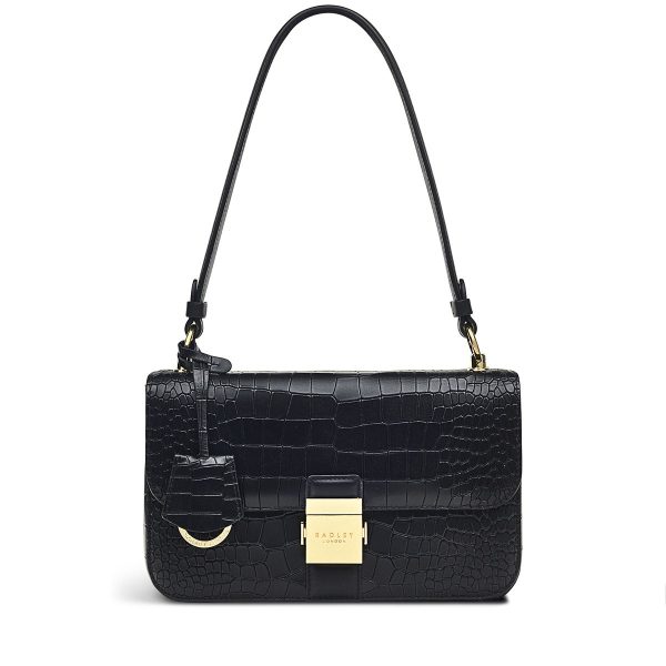 Radley London Hanley Close - Faux Croc Medium Flapover Shoulder - Black- H8205001
