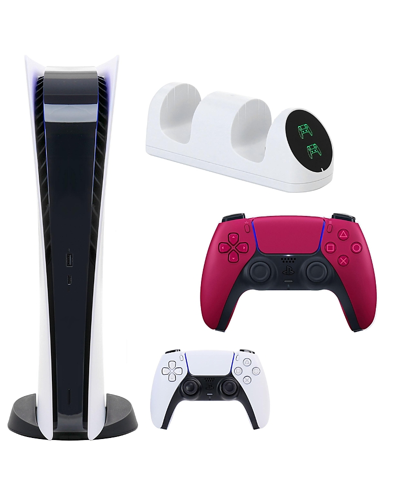 Sony PS5 Digital Console with Extra Red Dualsense Controller and Dual Charging Dock