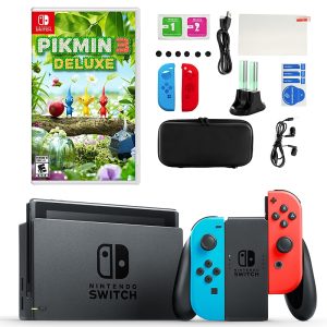 Nintendo Switch in Neon with Pikmin 3 Deluxe Game and Accessories Kit