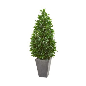 Nearly Natural 57 Bay Leaf Cone Topiary Tree in Slate Planter Uv Resistant (Indoor/Outdoor)