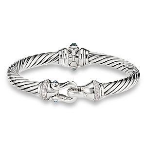 David Yurman Sterling Silver Cable Buckle Bracelet with Hampton Blue Topaz & Diamonds- 3175345