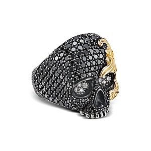 David Yurman Men's Sterling Silver & 18K Yellow Gold Waves Skull Ring with Black & White Diamonds- 3174572